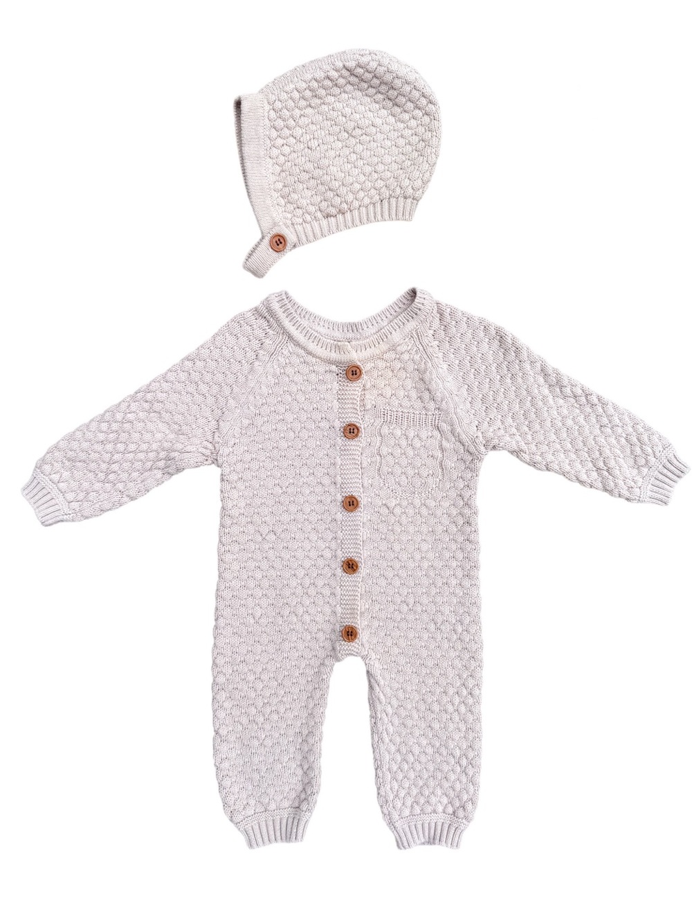 Boho 100 Cotton Knit Baby Romper Bonnet Set Beige 70 3-6 Gender Neutral Boy Girl